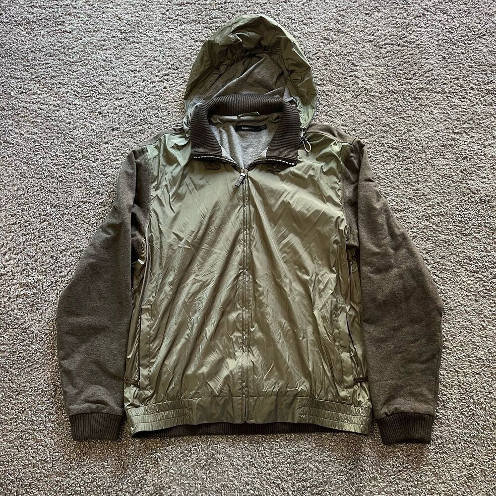 Zegna Sport Windbreaker Full Zip Jacket Hoodie Green Brown Mens Size XL